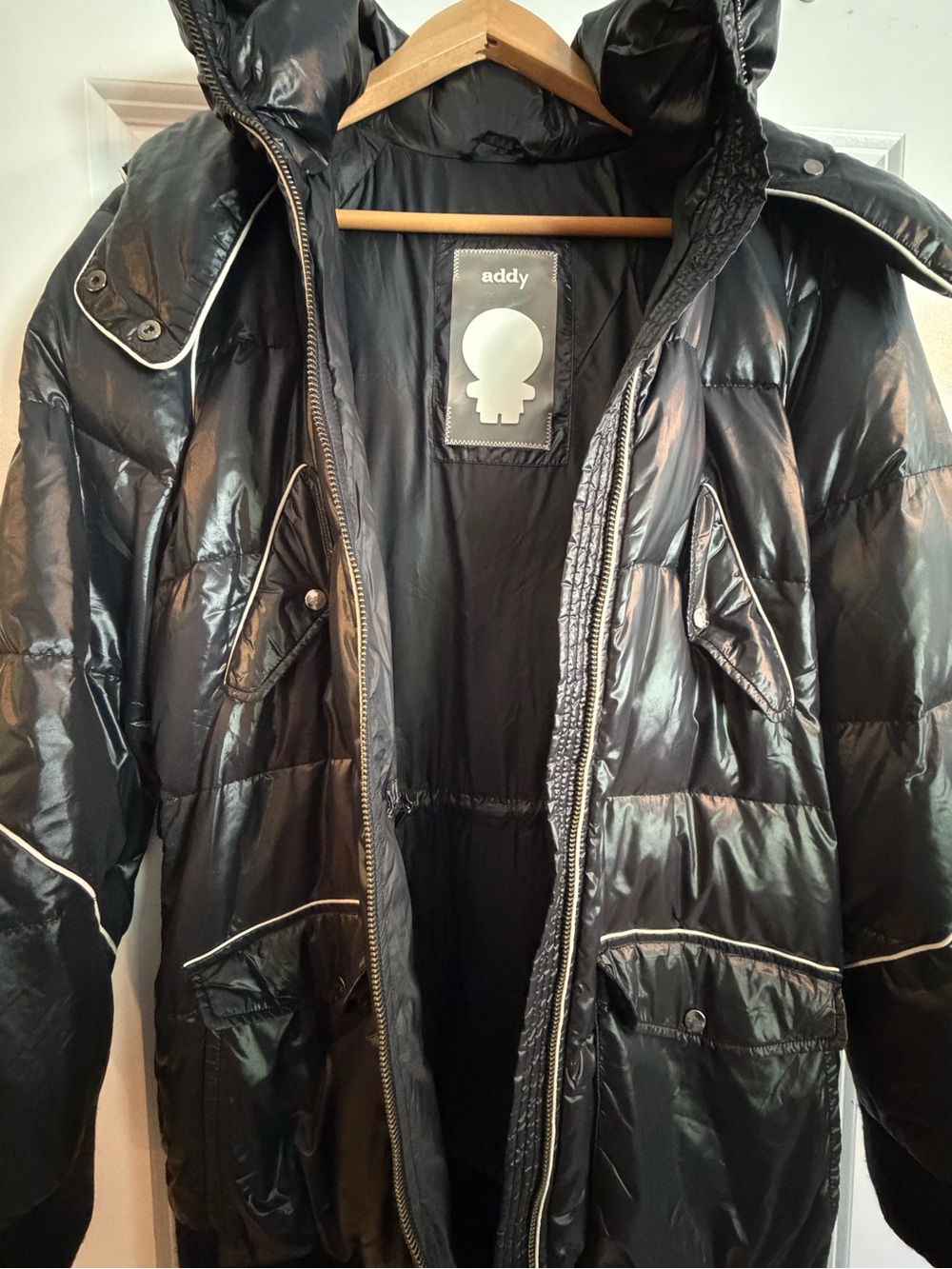 Add Down Black Quilted Puffer Jacket with Hood and Contrast Piping Size 4